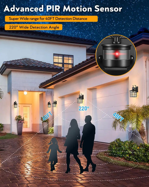 Black Motion Sensor Outdoor Porch Light With Dusk To Dawn Modern Wall Mount Sconce illuminating garage and walkway at night