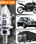 Spiked License Plate Screws Kit With Anti Theft Bolts for cars, motorcycles, trucks; silver stainless steel and aluminum.