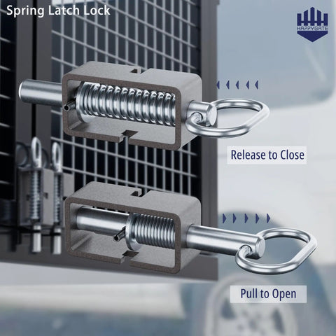 Heavy Duty Trailer Gate Latch With Auto Closing Spring Lock For Weld On Tracks Includes Two Pack showing spring latch mechanism, pull to open feature.