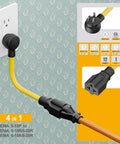 Heavy Duty Four In One NEMA Adapter Cord 12AWG For 5 15P To 5 15R 5 20R 6 15R 6 20R Indoor Outdoor SJTW Extension Cable 15A 125V Yellow All Weather Tough Portable in use, showing plugging flexibility and connector details.