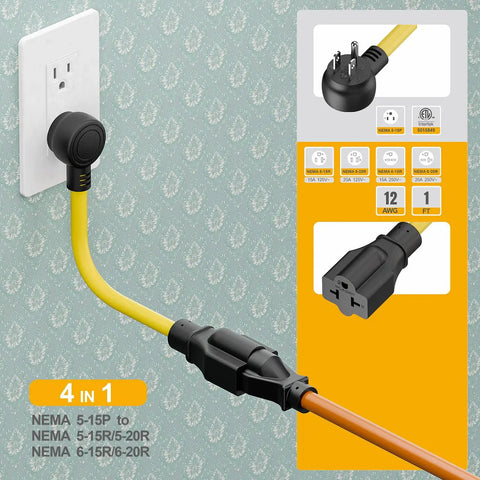 Heavy Duty Four In One NEMA Adapter Cord 12AWG For 5 15P To 5 15R 5 20R 6 15R 6 20R Indoor Outdoor SJTW Extension Cable 15A 125V Yellow All Weather Tough Portable in use, showing plugging flexibility and connector details.