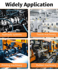 FOCMKEAS sleeve bearings four-panel collage illustrating machinery applications: hydraulic, textile, printing, rubber.