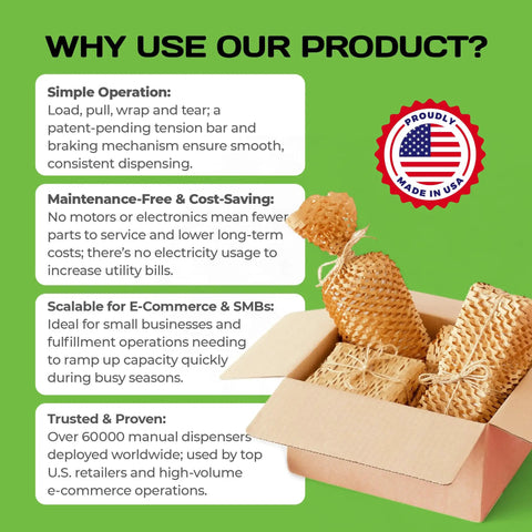 Top Shelf Mini Packing Station with honeycomb paper rolls, showing simple operation and packaging use for stress free shipping.