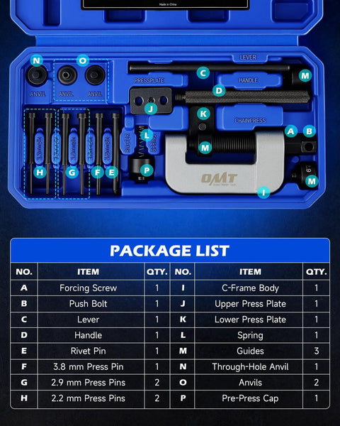 20 Piece Motorcycle Chain Tool Kit with Powder Coated C Frame and 5 Pins Pre Press Cap Pro Grade Heavy Duty Chain Breaker and Rivet Tool