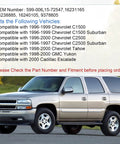 Compatibility chart with image of a Chevy SUV, showing fitment for GM trucks and SUVs from 1996 to 2000, including Cadillac Escalade