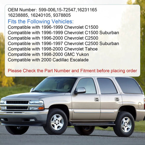 Compatibility chart with image of a Chevy SUV, showing fitment for GM trucks and SUVs from 1996 to 2000, including Cadillac Escalade
