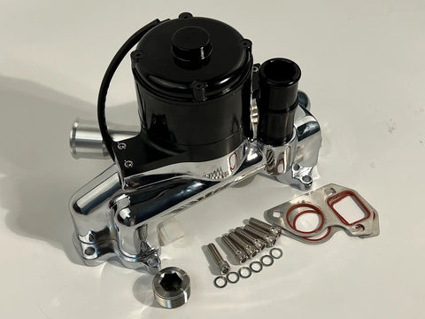 Badass High Flow Aluminum Electric Water Pump For Ls1 Ls2 Ls3 Ls6 Engines Featuring Chrome Polished Finish And Direct Bolt On Track Ready 35 Gpm Upgrade For Street Cars with black motor and chrome body