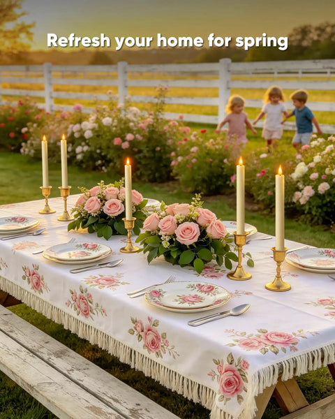 Outdoor table setting with floral tablecloth and 6 Pack Wax Flameless Taper Candles With Remote Timer And Dimmer for decor.