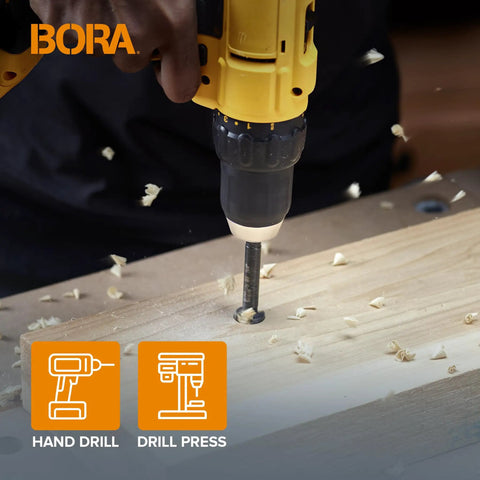 Heavy Hitter 35 Mm Forstner Drill Bit With Tough 10 Mm Round Shank And 90 Mm Reach in action on wood.