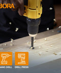 Top Shelf 2 Inch Tempest Forstner Bit With 3/8 Inch Shank And 3.5 Inch Length drilling smooth holes in wood with a hand drill.