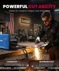 Man using Dual Voltage 110 to 220V 50A Plasma Cutter for DIY and Workshop with LED Display cutting metal in workshop