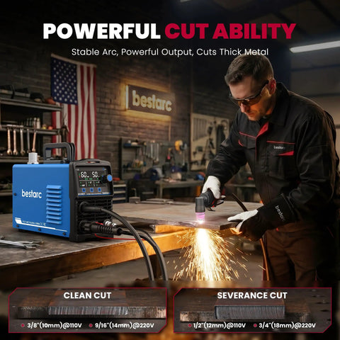Man using Dual Voltage 110 to 220V 50A Plasma Cutter for DIY and Workshop with LED Display cutting metal in workshop