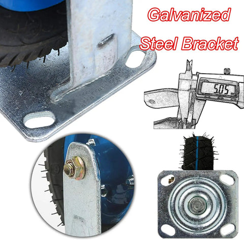 Galvanized steel bracket and pneumatic rubber tire detail of Two Pack Industrial Heavy Duty Casters Featuring Rock Solid Pneumatic Rubber Tires Smooth Swivel Wheels With Tight Brakes And Killer Load Rating For No Sweat Heavy Moving.