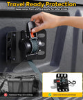 Tough Auto Retractable Ratchet Cargo Straps For Ford F150 Truck Bed Haulin Setup Boss Tie Downs With 1500 Pound Grip And No Sweat Self Tightening Slack Control, close-up of ratchet mechanism.
