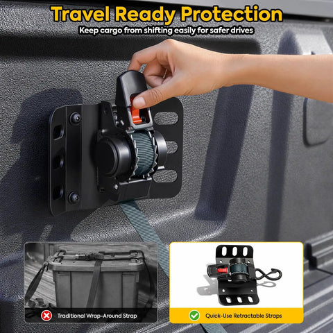 Tough Auto Retractable Ratchet Cargo Straps For Ford F150 Truck Bed Haulin Setup Boss Tie Downs With 1500 Pound Grip And No Sweat Self Tightening Slack Control, close-up of ratchet mechanism.