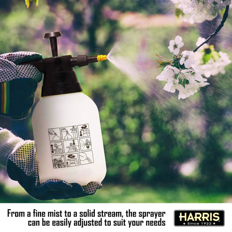 Continuous Hand Pump Sprayer 1.5L held in gloved hand, adjustable nozzle spraying on garden plants, chemical resistant build visible