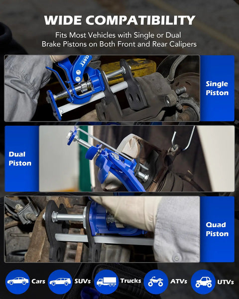 Heavy Duty Brake Caliper Piston Compressor Tool For Single Dual And Quad Pistons Disc Brake Caliper Retraction Tool For Most Cars And Trucks With Pro Grade Build shown in use on various pistons