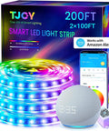 Music Sync LED Strip Lights 200 Feet RGB Color Changing With Alexa And Google Assistant Wi Fi App Control Voice Remote DIY Color Options displayed with packaging and voice remote