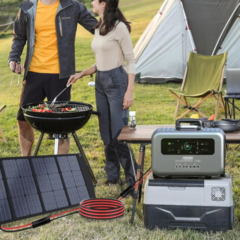 Outdoor setup with Plug And Play Solar Panel Extension Cable 20FT 14AWG, connecting power station beside grill and tent.