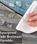 Close-up showing waterproof, wipeable surface of the Round Fitted Tablecloth With Elastic Edge For Indoor And Outdoor Use