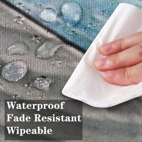 Close-up showing waterproof, wipeable surface of the Round Fitted Tablecloth With Elastic Edge For Indoor And Outdoor Use
