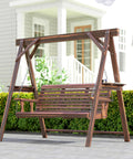 Three Seat Outdoor Porch Swing With Stand And Side Tables, Wooden Patio Swing Bench With Steel Chains, Durable Carbonized Brown Finish