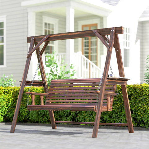 Three Seat Outdoor Porch Swing With Stand And Side Tables, Wooden Patio Swing Bench With Steel Chains, Durable Carbonized Brown Finish