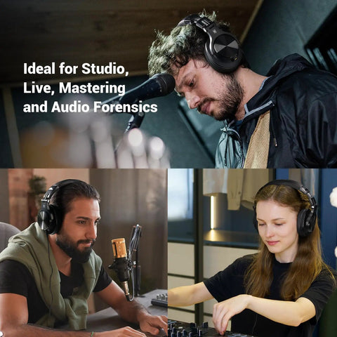 People using Dual Mode Bluetooth Over Ear Headphones With 72 Hour Battery Life, Hi-Res Audio, Built-In Mic in studio and gaming settings.