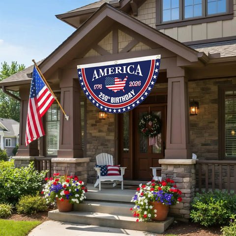 Front porch with Patriotic 250th Birthday Bunting Flags Set For USA Fans Anniversary Fan Banner 1776 To 2026, home decor display.