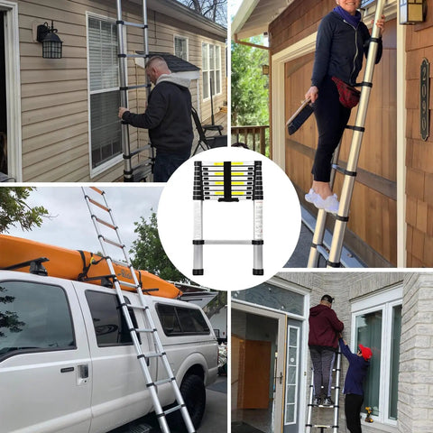 12.5 Ft Telescoping Aluminum Ladder With 330 Lb Capacity used for home, RV, loft tasks, displaying compact, lightweight design