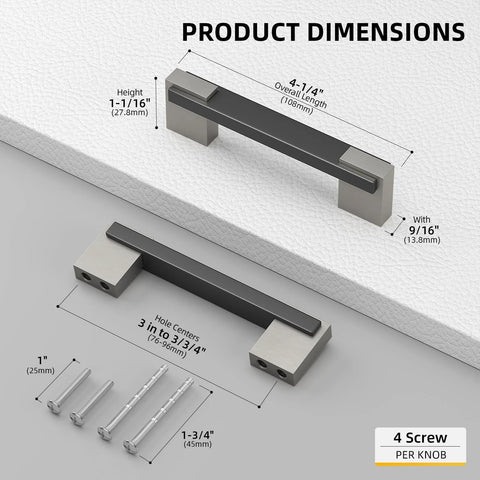10 Pack Adjustable Cabinet Pulls Black Silver Two Tone Square Dresser And Drawer Handles With 107mm Length, dimensions shown
