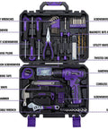 150 Piece Household Tool Set With 8V Cordless Drill Driver Kit For Home Maintenance DIY Projects And Repairs in purple case
