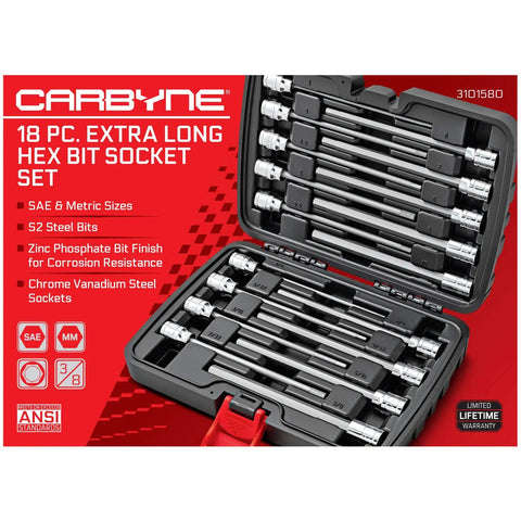18-Piece Extra Long Hex Socket Set With Deep Reach Allen Bits For Auto And Home Use displayed in open case