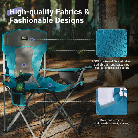Heavy Duty Camping Folding Chair For Adults With Cup Holder And Cooler Pouch Plus Side Pocket Sturdy X Frame And Easy Setup