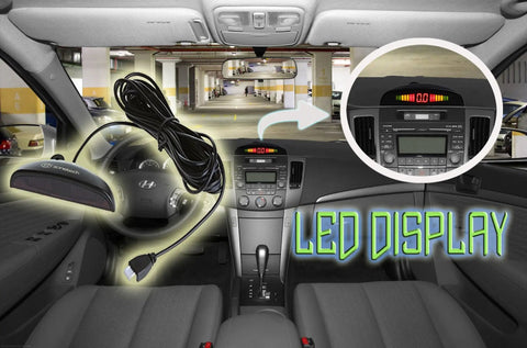Car dashboard showing Four Sensor Car Reverse Parking Radar System with LED display in action.