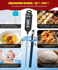 Six Pack Instant Read Meat Thermometers With Probes For BBQ And Cooking Digital Kitchen Thermometers Waterproof Liquid Temperature Includes Protective Sleeves Great For Milk And Yogurt Colorful Set Black, displayed with foods and temperature range.