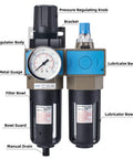 Front view of 1/4 Inch NPT Air Filter Regulator Lubricator Combo with labeled parts for clean dry air in pneumatic tools.