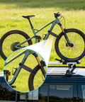 4 Pack Bike Rack Straps With Adjustable Wheel Stabilizers securing bike on car roof rack, close-up on anti-slip gel grip strap.
