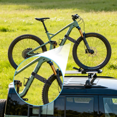 4 Pack Bike Rack Straps With Adjustable Wheel Stabilizers securing bike on car roof rack, close-up on anti-slip gel grip strap.