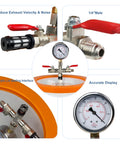 Front view of BACOENG 2.8 Qt vacuum chamber degassing kit with Pyrex glass chamber, orange lid, gauge
