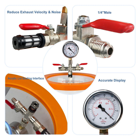 Front view of BACOENG 2.8 Qt vacuum chamber degassing kit with Pyrex glass chamber, orange lid, gauge