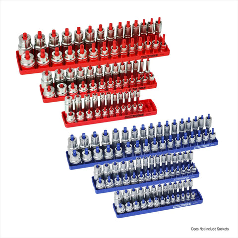 Six Piece SAE And Metric Socket Tray Set For Quarter, Three Eighths, And Half Inch Drives Deep And Shallow Socket Organizer With Clear Size Markings For Easy Find It Fast In Your Toolbox Red And Blue. Image showing red and blue socket trays.