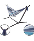 Double Outdoor Hammock With Stand And Carry Bag For Travel Or Backyard Lightweight Portable Setup With Powder Coated Steel Frame Blue Stripe Soft Polycotton Fabric
