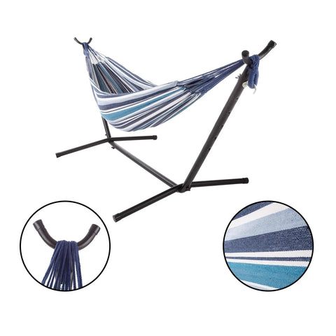 Double Outdoor Hammock With Stand And Carry Bag For Travel Or Backyard Lightweight Portable Setup With Powder Coated Steel Frame Blue Stripe Soft Polycotton Fabric