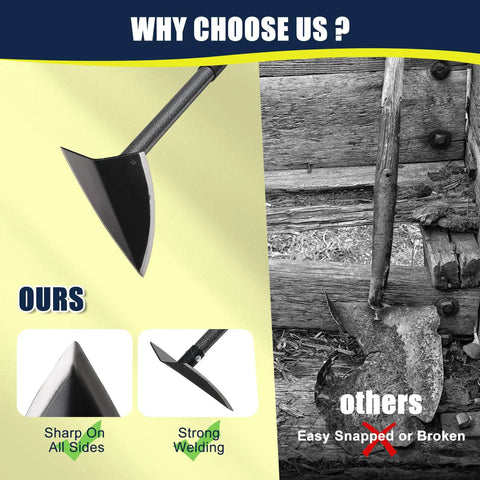 Comparison of Beast Triangular Hoe With 15 To 60 Inch Adjustable Stainless Steel Pole to standard hoes, showing durability.
