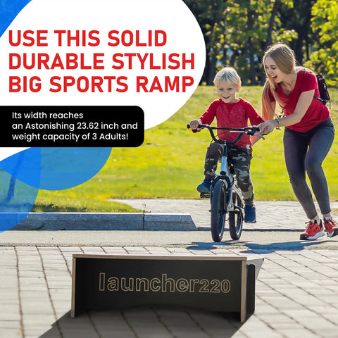 Child preparing to use extra wide kids jump ramp with adult help, 23.62 inch wide, heavy duty, slip resistant, ultra stable and safe.