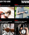 Automotive tire pressure gauge with analog dial and glow-in-the-dark readout, shown attached to a tire valve.