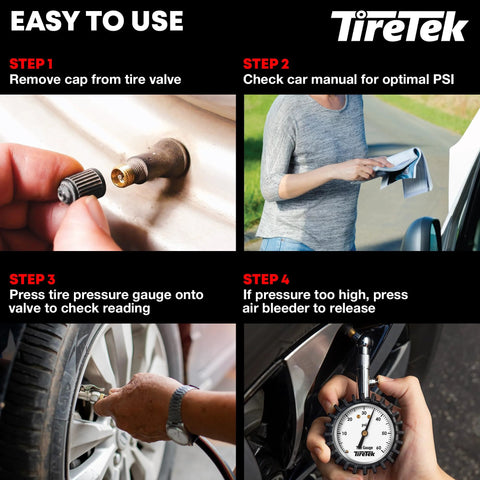 Automotive tire pressure gauge with analog dial and glow-in-the-dark readout, shown attached to a tire valve.