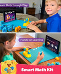 Kids using the Junior Genius Pack 3-In-1 STEM Learning Kit With Word Wiz Mission Math And Connecto-Tech; tablet on gamepad.