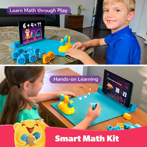Kids using the Junior Genius Pack 3-In-1 STEM Learning Kit With Word Wiz Mission Math And Connecto-Tech; tablet on gamepad.
